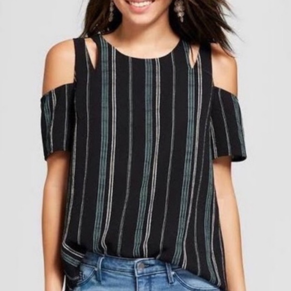 3/$10 Striped Cold Shoulder Blouse - Black and White